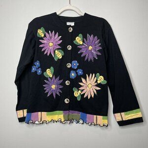 Silkscapes Hand Painted Black Floral Cardigan Size Medium Cotton